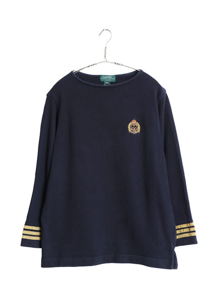 90s ローレン ラルフローレン クレスト ロゴ刺繍 カットソー レディース S オールド ストレッチ コットン ニット リブ編み ボートネック 紺
