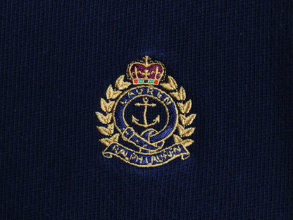 90s ローレン ラルフローレン クレスト ロゴ刺繍 カットソー レディース S オールド ストレッチ コットン ニット リブ編み ボートネック 紺