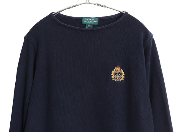 90s ローレン ラルフローレン クレスト ロゴ刺繍 カットソー レディース S オールド ストレッチ コットン ニット リブ編み ボートネック 紺