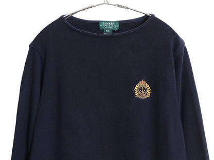 90s ローレン ラルフローレン クレスト ロゴ刺繍 カットソー レディース S オールド ストレッチ コットン ニット リブ編み ボートネック 紺