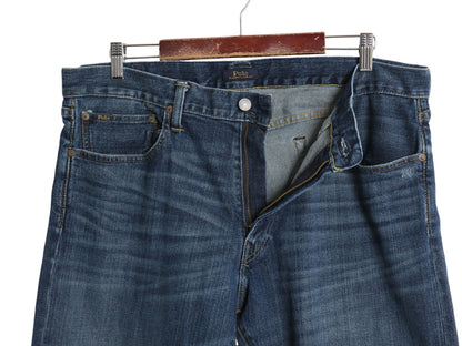 ポロ ラルフローレン デニム パンツ メンズ 36 30 / ヴィンテージ 加工 ジーンズ ジーパン ストレート 革パッチ ボトムス ヒゲ アタリ 濃紺