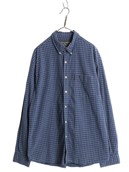 90s Abercrombie&Fitch チェック ボタンダウン シャツ メンズ L / オールド コットン ワンポイント ロゴ ポケット付き トップス ブルー Y2K