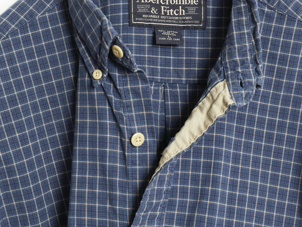 90s Abercrombie&Fitch チェック ボタンダウン シャツ メンズ L / オールド コットン ワンポイント ロゴ ポケット付き トップス ブルー Y2K