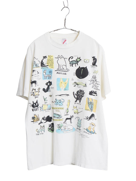 90s USA製 ネコ アート イラスト プリント 半袖 Tシャツ メンズ レディース L / オールド アニマル グラフィック キャラクター ホワイト
