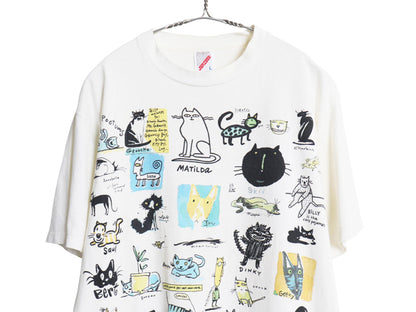 90s USA製 ネコ アート イラスト プリント 半袖 Tシャツ メンズ レディース L / オールド アニマル グラフィック キャラクター ホワイト