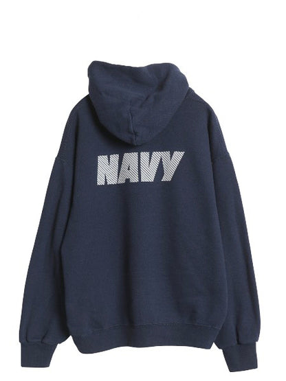 90s USA製 US NAVY 両面 プリント スウェット フード パーカー メンズ L / 古着 オールド ミリタリー トレーナー 裏起毛 軍物 ネイビー USN
