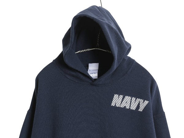 90s USA製 US NAVY 両面 プリント スウェット フード パーカー メンズ L / 古着 オールド ミリタリー トレーナー 裏起毛 軍物 ネイビー USN