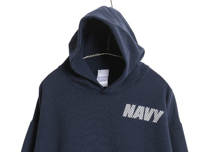 90s USA製 US NAVY 両面 プリント スウェット フード パーカー メンズ L / 古着 オールド ミリタリー トレーナー 裏起毛 軍物 ネイビー USN