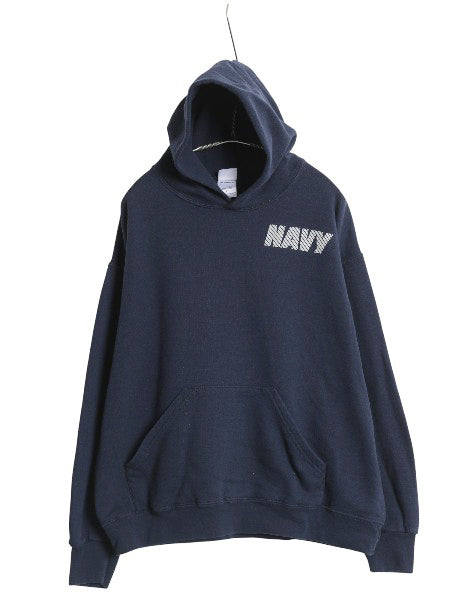 90s USA製 US NAVY 両面 プリント スウェット フード パーカー メンズ L / 古着 オールド ミリタリー トレーナー 裏起毛 軍物 ネイビー USN
