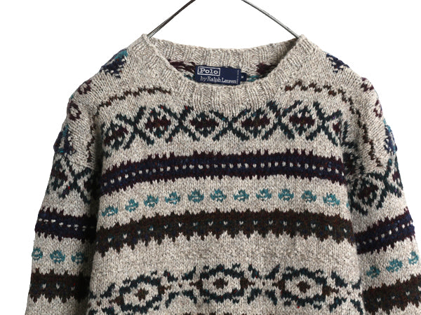 90s ★ ポロ ラルフローレン フェアアイル ハンドニット セーター メンズ M / オールド ウール シルク リネン ノルディック 総柄 立体編み