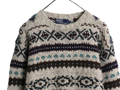 90s ★ ポロ ラルフローレン フェアアイル ハンドニット セーター メンズ M / オールド ウール シルク リネン ノルディック 総柄 立体編み
