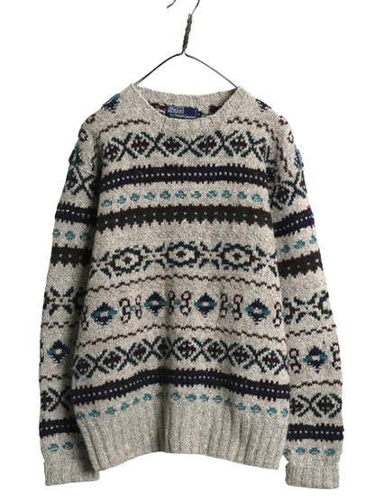 90s ★ ポロ ラルフローレン フェアアイル ハンドニット セーター メンズ M / オールド ウール シルク リネン ノルディック 総柄 立体編み