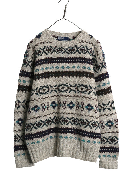 90s ★ ポロ ラルフローレン フェアアイル ハンドニット セーター メンズ M / オールド ウール シルク リネン ノルディック 総柄 立体編み