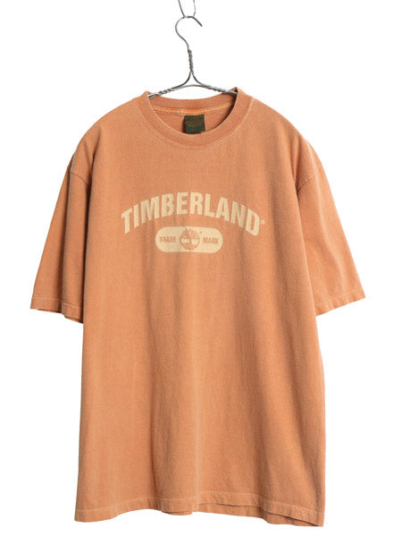 00s USA製 ティンバーランド プリント 半袖 Tシャツ メンズ S 大きめ M 古着 オールド ヘビーウェイト コットン カットソー オレンジ Y2K