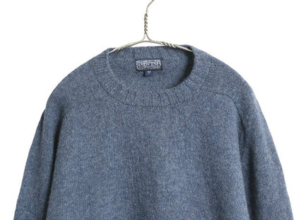 80s イギリス製 ランズエンド ニット セーター メンズ XL 小さめ L 程 ヴィンテージ シェットランド ウール ミドルゲージ 無地 シンプル 青