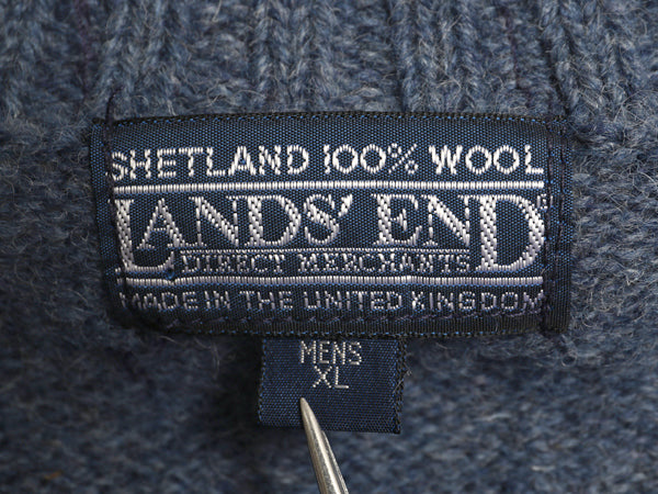 80s イギリス製 ランズエンド ニット セーター メンズ XL 小さめ L 程 ヴィンテージ シェットランド ウール ミドルゲージ 無地 シンプル 青