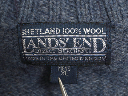 80s イギリス製 ランズエンド ニット セーター メンズ XL 小さめ L 程 ヴィンテージ シェットランド ウール ミドルゲージ 無地 シンプル 青