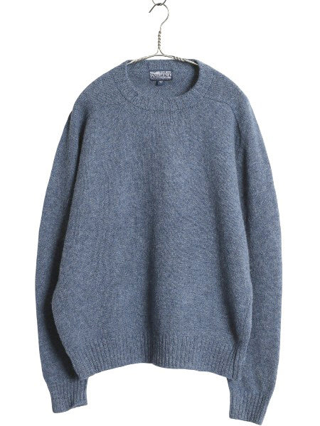 80s イギリス製 ランズエンド ニット セーター メンズ XL 小さめ L 程 ヴィンテージ シェットランド ウール ミドルゲージ 無地 シンプル 青