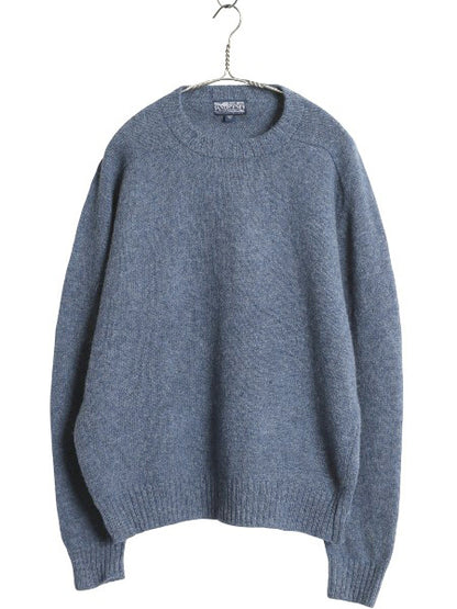 80s イギリス製 ランズエンド ニット セーター メンズ XL 小さめ L 程 ヴィンテージ シェットランド ウール ミドルゲージ 無地 シンプル 青