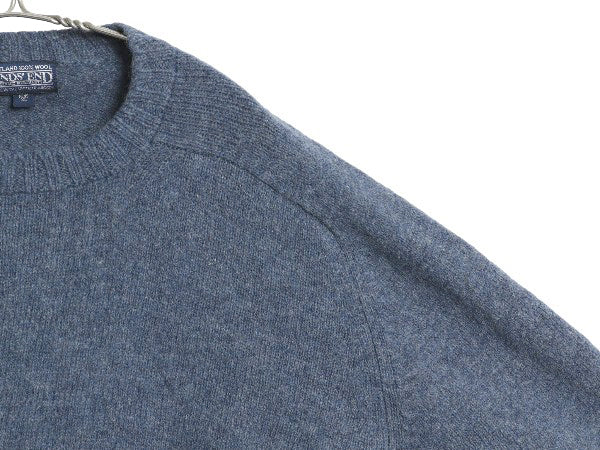 80s イギリス製 ランズエンド ニット セーター メンズ XL 小さめ L 程 ヴィンテージ シェットランド ウール ミドルゲージ 無地 シンプル 青