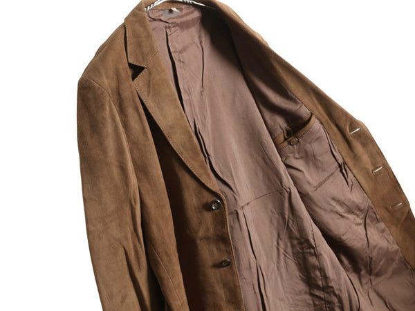 本革 ヌバック レザー テーラード ジャケット メンズ L 程/ 古着 ユーロ ヴィンテージ 革ジャン ブレザー スウェード きれいめ シンプル 茶