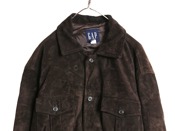 00s オールド ギャップ 本革 スウェード レザー シャツ ジャケット メンズ L 革ジャン 4ポケット ボックス タイプ ジャンパー ブルゾン 茶
