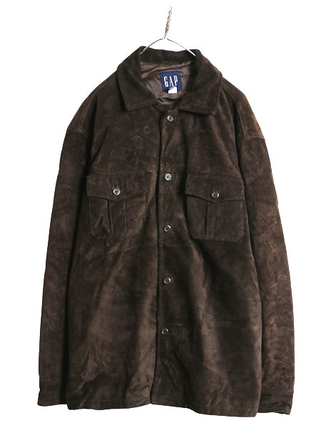00s オールド ギャップ 本革 スウェード レザー シャツ ジャケット メンズ L 革ジャン 4ポケット ボックス タイプ ジャンパー ブルゾン 茶