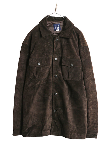 00s オールド ギャップ 本革 スウェード レザー シャツ ジャケット メンズ L 革ジャン 4ポケット ボックス タイプ ジャンパー ブルゾン 茶