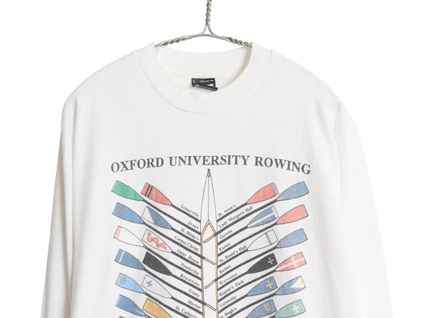90s USA製 カレッジ プリント 長袖 Tシャツ メンズ L / オールド ロンT シングルステッチ ボート レース イラスト オックスフォード大学 白