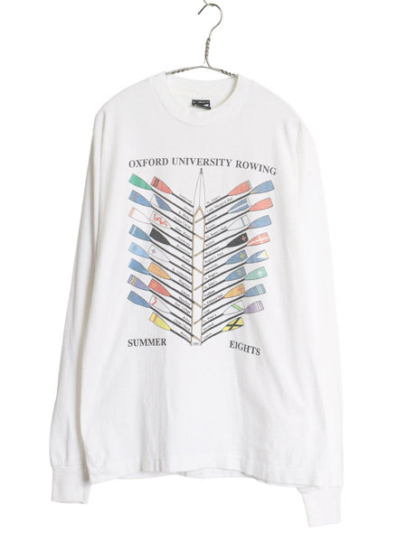 90s USA製 カレッジ プリント 長袖 Tシャツ メンズ L / オールド ロンT シングルステッチ ボート レース イラスト オックスフォード大学 白