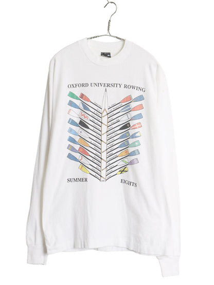 90s USA製 カレッジ プリント 長袖 Tシャツ メンズ L / オールド ロンT シングルステッチ ボート レース イラスト オックスフォード大学 白