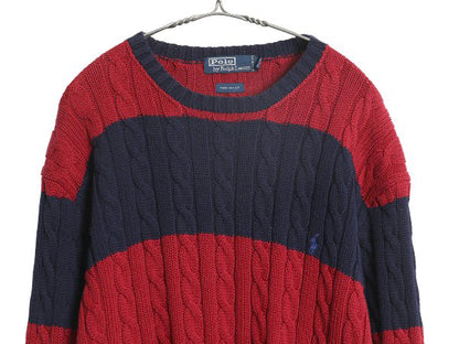 90s ポロ ラルフローレン ボーダー コットン ケーブル ニット セーター メンズ XL / 古着 オールド 長袖ニット ワンポイント 大きいサイズ
