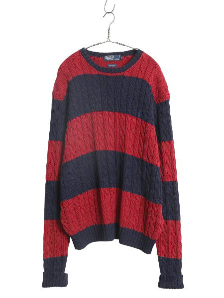 90s ポロ ラルフローレン ボーダー コットン ケーブル ニット セーター メンズ XL / 古着 オールド 長袖ニット ワンポイント 大きいサイズ