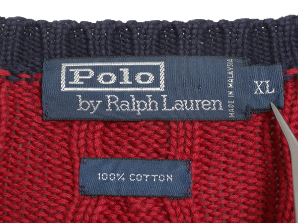 90s ポロ ラルフローレン ボーダー コットン ケーブル ニット セーター メンズ XL / 古着 オールド 長袖ニット ワンポイント 大きいサイズ