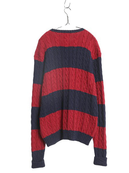 90s ポロ ラルフローレン ボーダー コットン ケーブル ニット セーター メンズ XL / 古着 オールド 長袖ニット ワンポイント 大きいサイズ