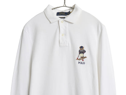 ポロベア ポロ ラルフローレン 鹿の子 長袖 ポロシャツ メンズ レディース XS 長袖シャツ ワンポイント キャラクター カットソー スリム 白