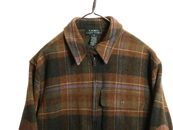 00s ローレン ラルフローレン チェック シャツ ジャケット レディース M ポロ ラム ウール フルジップ 長袖シャツ ボックス エルボーパッチ