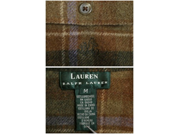 00s ローレン ラルフローレン チェック シャツ ジャケット レディース M ポロ ラム ウール フルジップ 長袖シャツ ボックス エルボーパッチ
