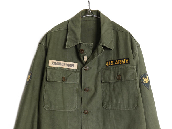 60s 米軍実物 US ARMY コットン サテン ユーティリティ シャツ M 程 古着 ヴィンテージ 1st 初期 筒袖 ミリタリー 軍物 OG107 フルパッチ