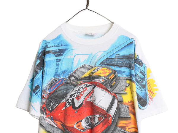 00s ナスカー 全面 イラスト プリント Tシャツ メンズ XL オールド オフィシャル グラフィック モータースポーツ レース 大きいサイズ 白