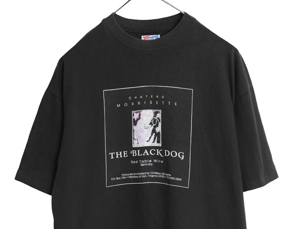 90s USA製 企業 イラスト プリント Tシャツ メンズ L / オールド ブラック ドッグ ワイン アート アニマル キャラクター シングルステッチ