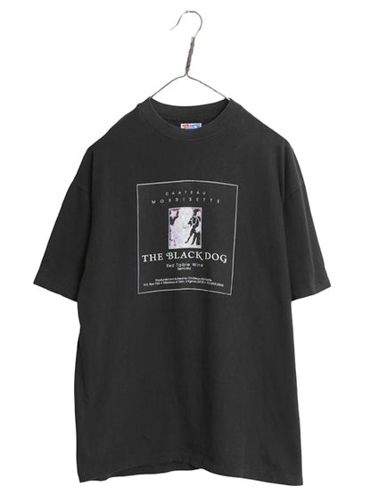 90s USA製 企業 イラスト プリント Tシャツ メンズ L / オールド ブラック ドッグ ワイン アート アニマル キャラクター シングルステッチ