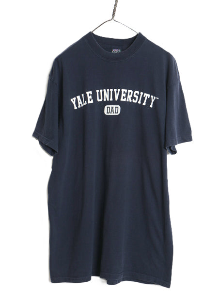 90s YALE 2段 カレッジ プリント 半袖 Tシャツ メンズ XL / オールド イエール カットソー ヘビーウェイト コットン 大きいサイズ ネイビー