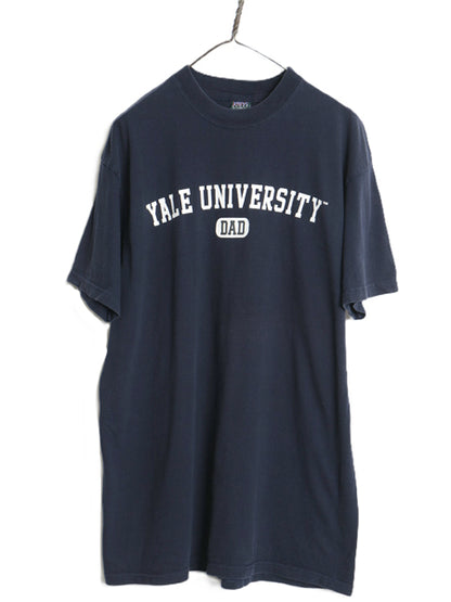 90s YALE 2段 カレッジ プリント 半袖 Tシャツ メンズ XL / オールド イエール カットソー ヘビーウェイト コットン 大きいサイズ ネイビー