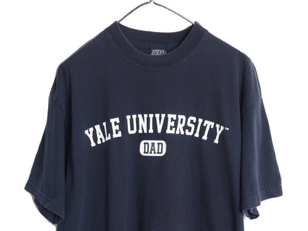 90s YALE 2段 カレッジ プリント 半袖 Tシャツ メンズ XL / オールド イエール カットソー ヘビーウェイト コットン 大きいサイズ ネイビー