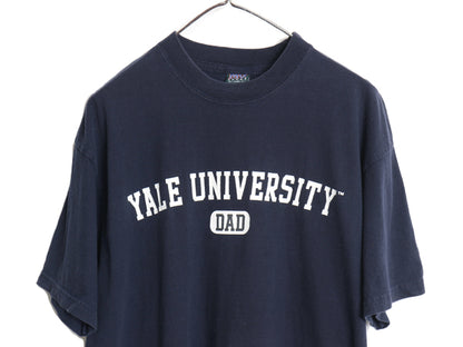 90s YALE 2段 カレッジ プリント 半袖 Tシャツ メンズ XL / オールド イエール カットソー ヘビーウェイト コットン 大きいサイズ ネイビー