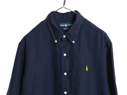 90s ラルフローレン 半袖 ボタンダウンシャツ メンズ XL オールド ポロ 100% リネン 麻 半袖シャツ ワンポイント シンプル 大きいサイズ 紺