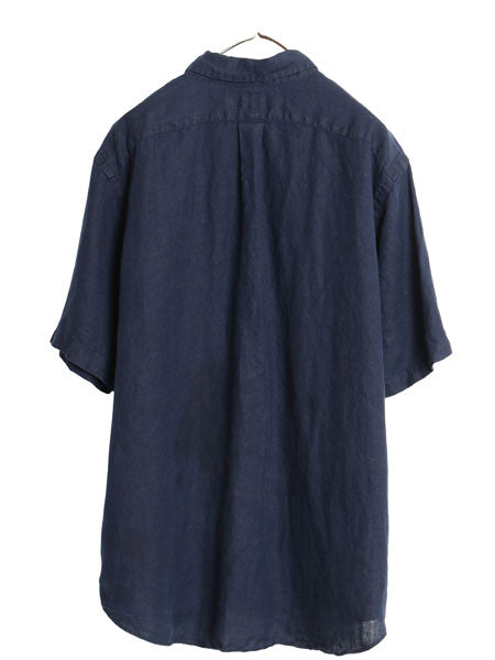 90s ラルフローレン 半袖 ボタンダウンシャツ メンズ XL オールド ポロ 100% リネン 麻 半袖シャツ ワンポイント シンプル 大きいサイズ 紺