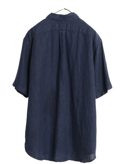 90s ラルフローレン 半袖 ボタンダウンシャツ メンズ XL オールド ポロ 100% リネン 麻 半袖シャツ ワンポイント シンプル 大きいサイズ 紺