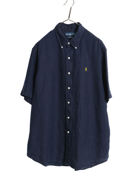 90s ラルフローレン 半袖 ボタンダウンシャツ メンズ XL オールド ポロ 100% リネン 麻 半袖シャツ ワンポイント シンプル 大きいサイズ 紺